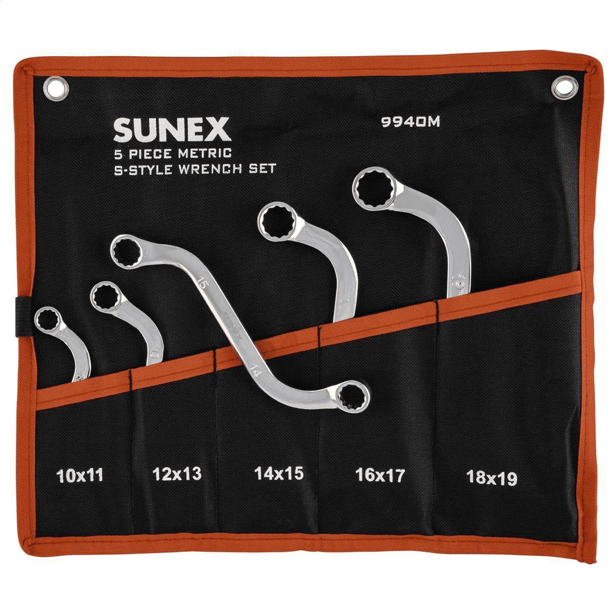 Sunex 9940M Fully Polished Metric S-Style 5 Piece Curved Wrench Set with Pouch