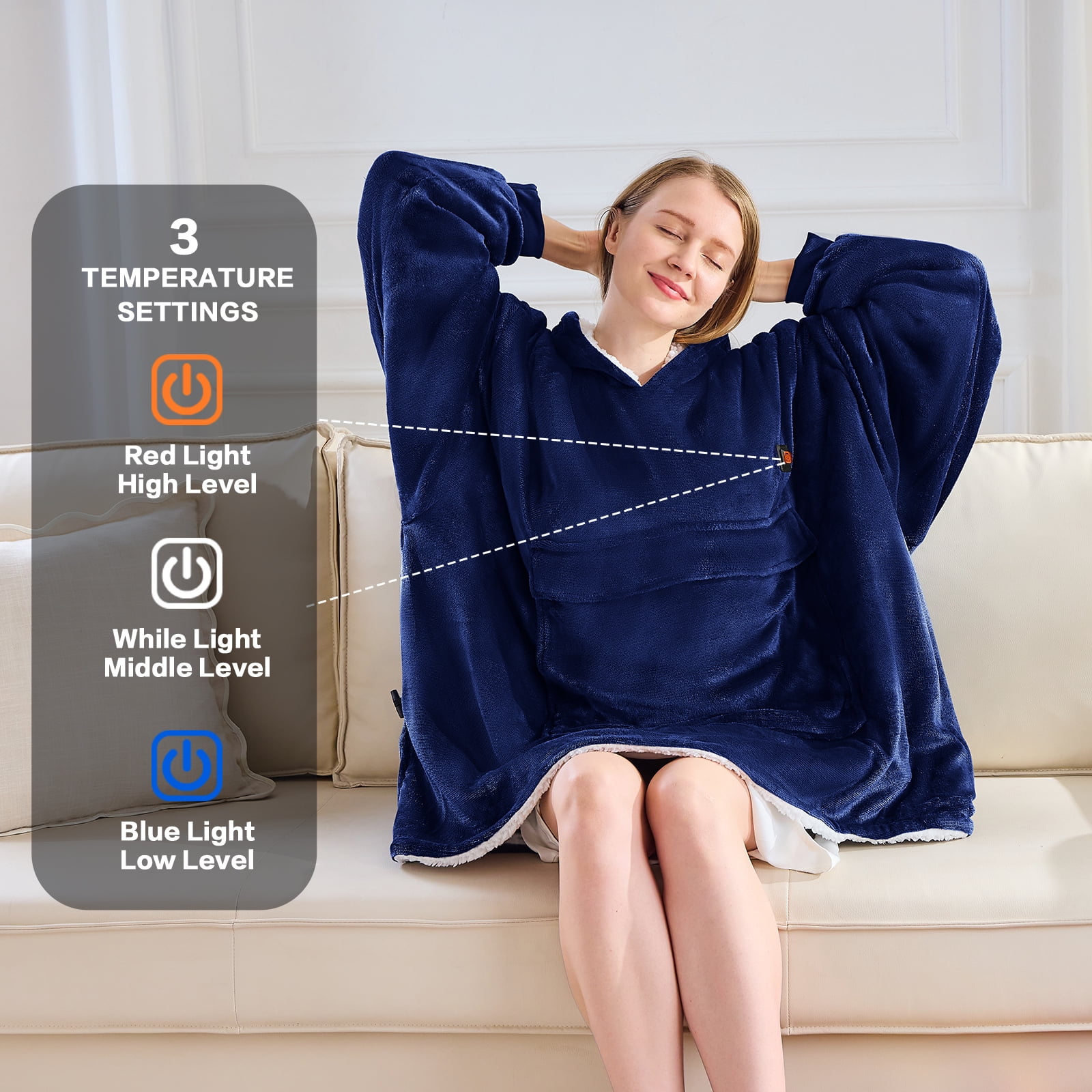 PMONPA Heated Wearable Blanket, Oversized Wearable Heated Blanket for Adult, Sherpa Fleece Blanket Hoodie,One Size, Blue