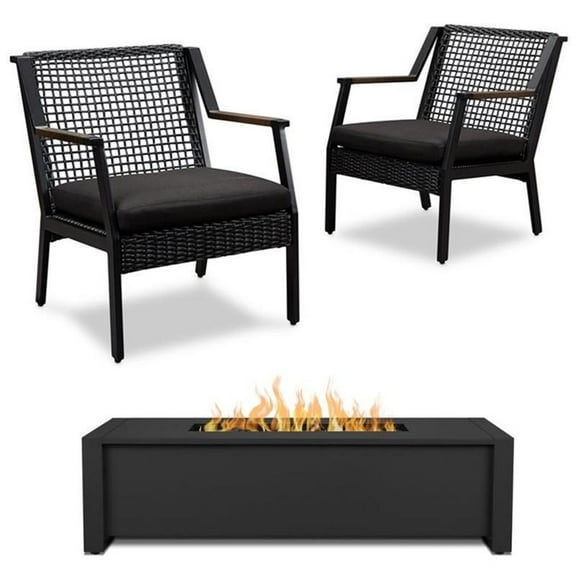 Home Square 3 Piece Garden Patio Set with Fire Table and 2 Chairs in Black