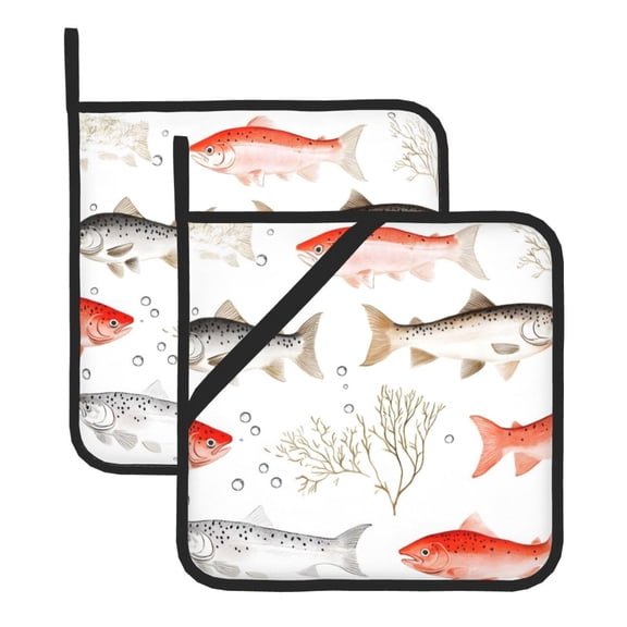 2 Pack Kitchen Pot Holders Heat Resistant Oven Hot Pads With Hand Pockets And Hanging Loops For Baking Cooking 8x8in Cute Coho Salmon Fishes
