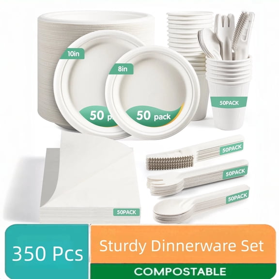 OasisSN 10in & 8in Paper Plates,350 Pieces for 50 Guest, Sugarcane Fibers Disposable Paper Dish Set, Eco Friendly Paper Plates, Cups,Spoons, Forks,Napkins and Knives for Home Use, Camping, Picnic