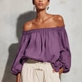 thumbnail image 2 of WULMLEO Women Off Shoulder Cotton Linen Tops Ruffle Sleeve Loose Shirt Blouse Purple M, 2 of 6