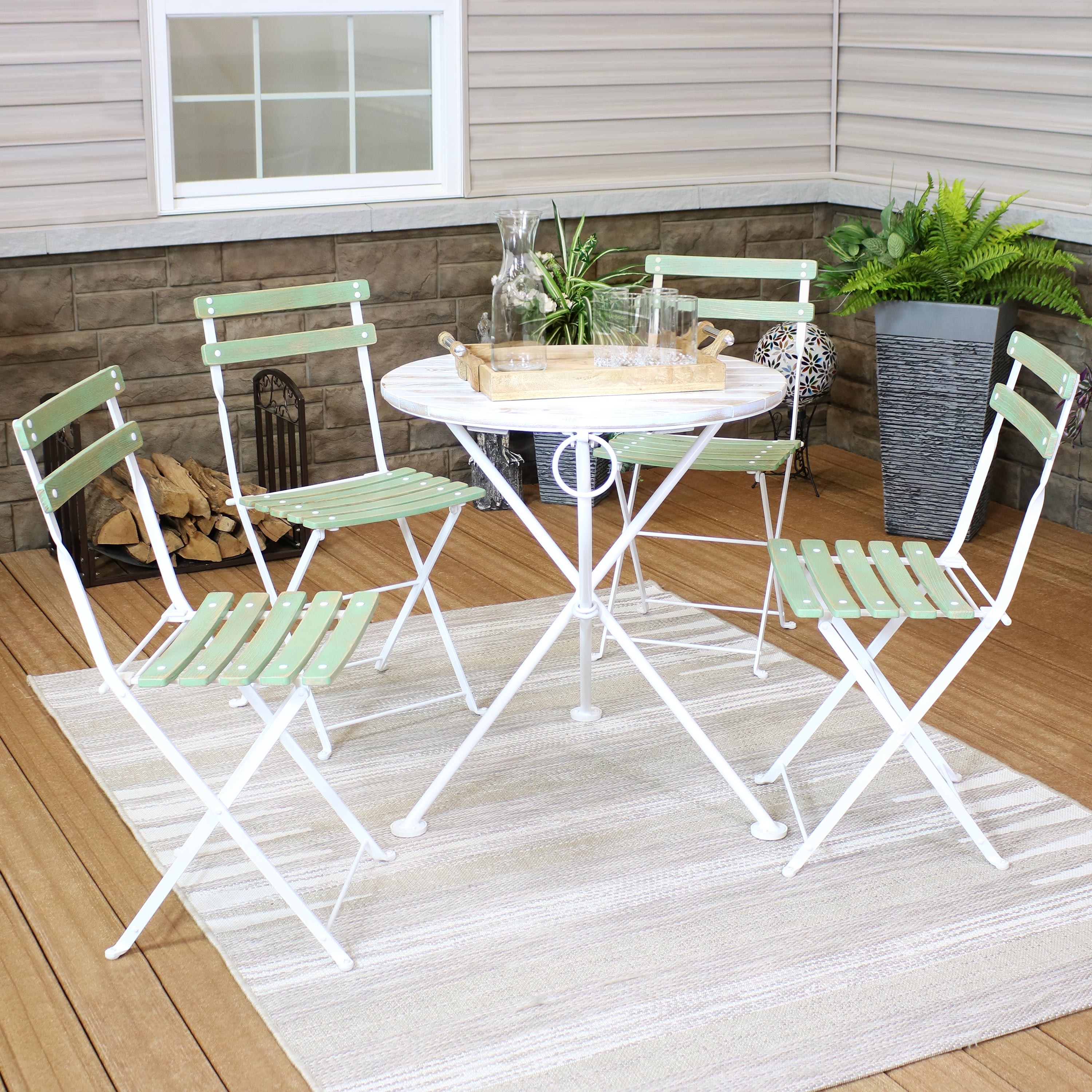 Sunnydaze Indoor/Outdoor Classic European Café Chestnut Wood Folding Bistro Table and Chairs - Antique Green - 5pc - image 2 of 9