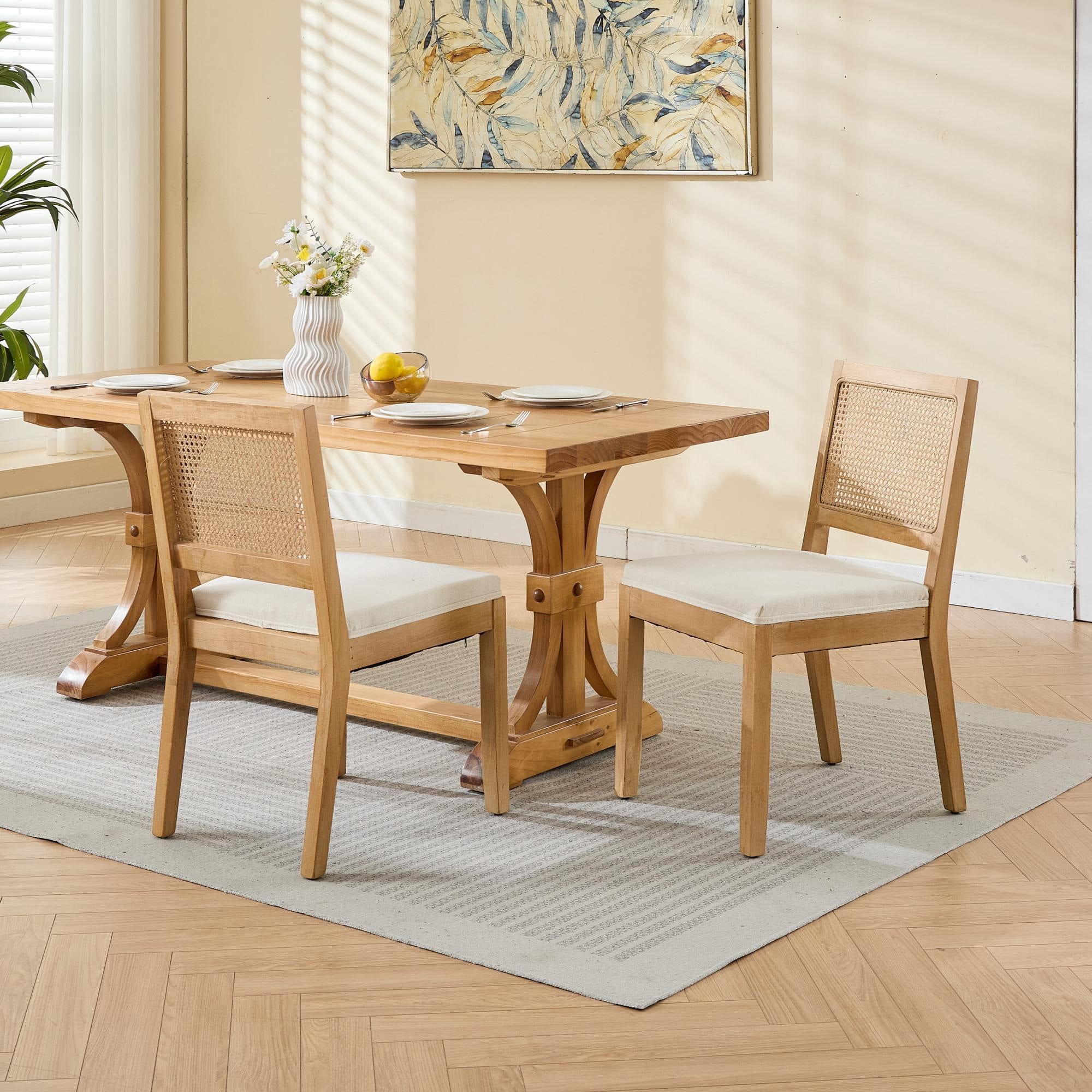 Leumius Dining Chairs Set of 2, Cane Upholstered Kitchen Side Chair with Natural Hardwood Frame for Kitchen, Dining Room, Living Room Beige 1