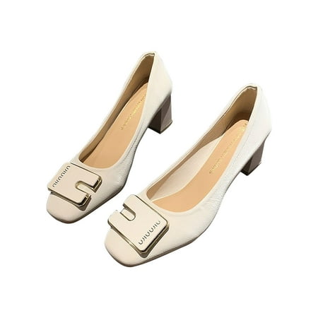 

TUTUnaumb Women s Leather Shoes Size 5.5 Head Shallow Mouth Buckle Thick Heels Four Seasons Comfortable Daily Work High Heels Women s Single Shoes Middle Heels Ladies Shoes-Beige