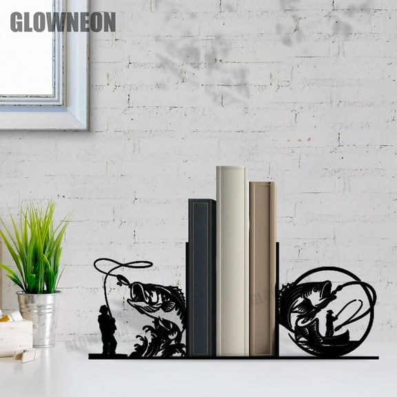 GLOWNEON Bass Fishing Metal Bookend, Decorative Book Ends for Office or Shelf, Gift for Fishermen