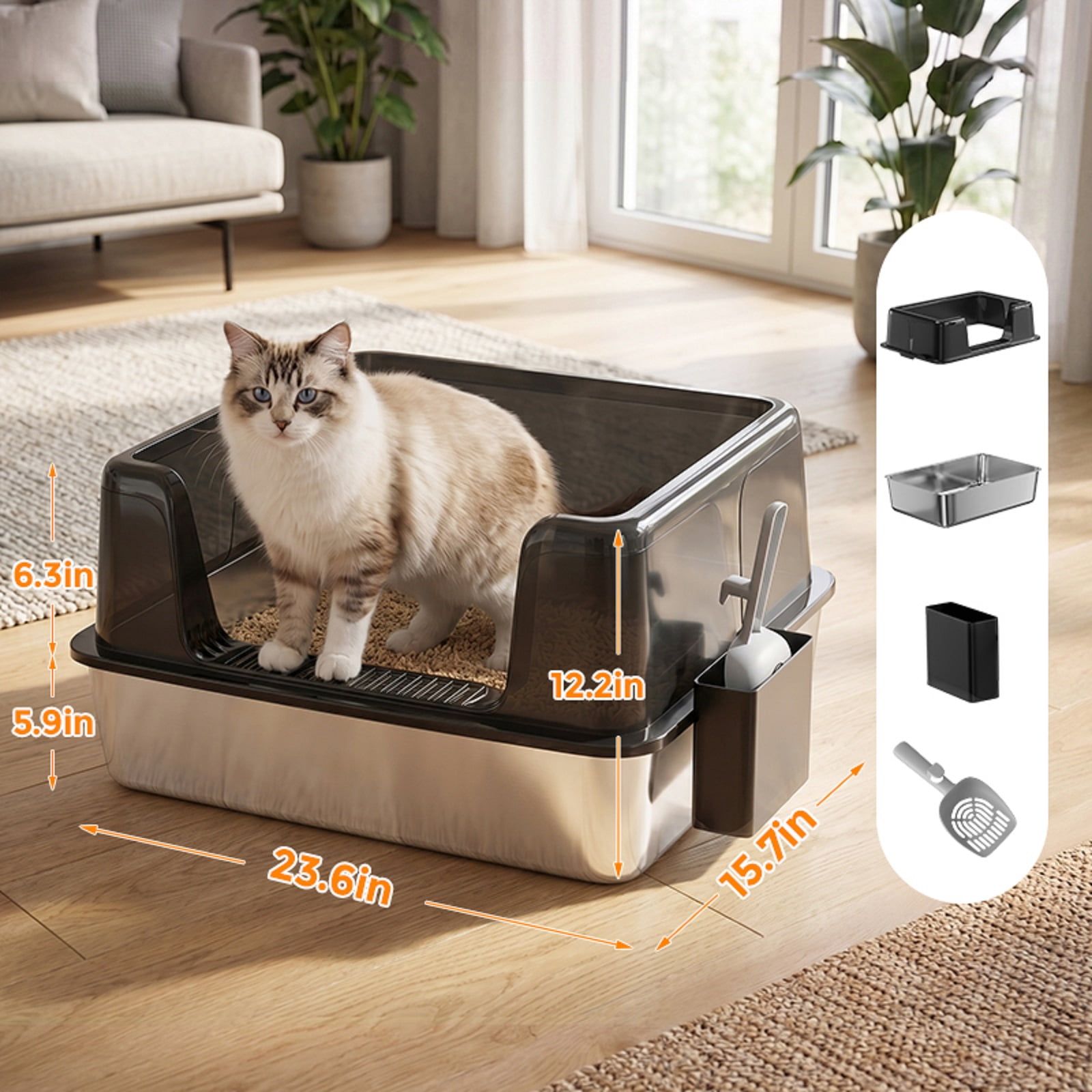Stainless Steel Cat Litter Box with Lid, XL Extra Large Cat Litter Box for Big Cats, High Wall Sides, Never Absorbs Odors, Anti-Urine Leakage, Easy Cleaning, Scoop and Mat Included, Black