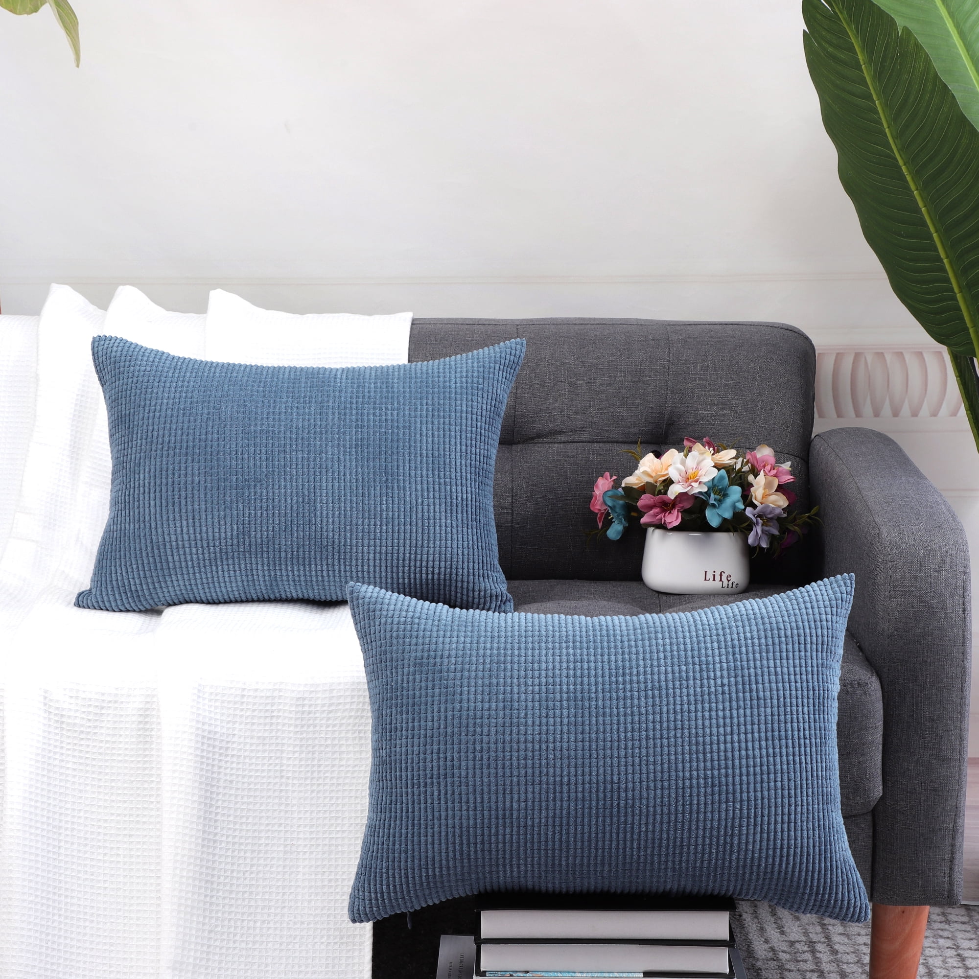 Unique Bargains 2-pcs Corduroy Decorative Throw Pillow Covers Teal Blue 12"x18"