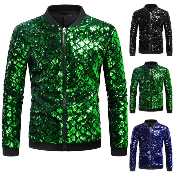 Hinvhai Men's Shiny Kacket foreign TradeStand Collar PearlJacket Green 12(XL)