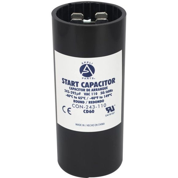 Appli Parts motor start capacitor 243-292 Mfd (microfarads) uF 110-125 VAc universal fit for electric motor applications 1-716 in Wide 3-38 in Height cON-243-110