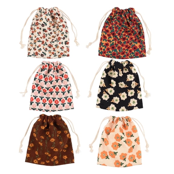 Hagao Corduroy Makeup Bags, 6 Pack, Floral Drawstring Cosmetic Pouches for Women Travel Use