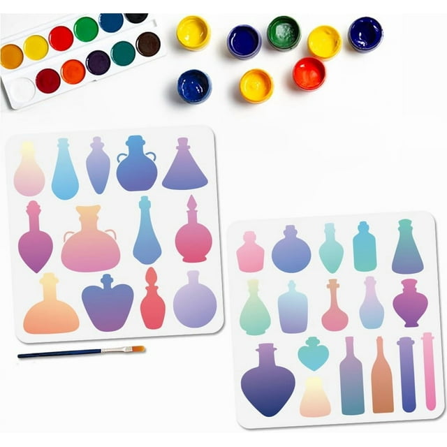 Juego de 2 plantillas reutilizables para botellas de perfume, vino, pociones mágicas y otros objetos. Incluye plantillas para manualidades. Medidas: 11,8 x 11,8 pulgadas. Siluetas de tubos de ensayo.