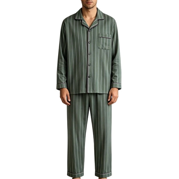 Iyufng Men's Vertical Striped Pajama Sets 2 Piece Collared Button Down Long Sleeve Shirt & Straight Lounge Pants Soft Daily Home Nightwear Matching Set for Fall and Winter