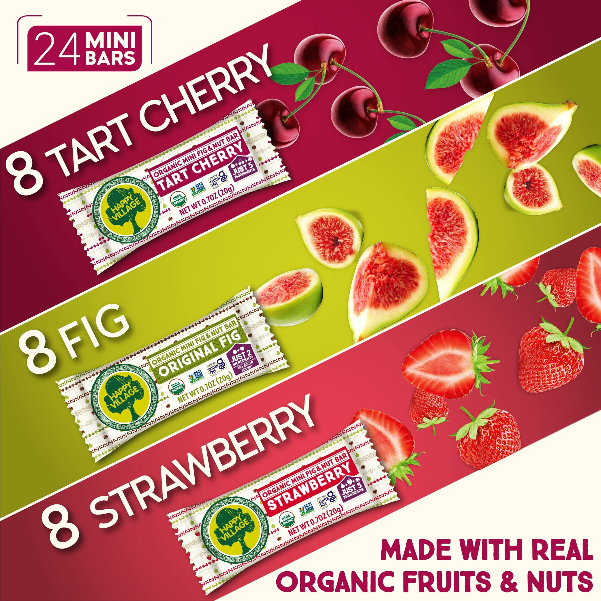 Happy Village Organic Mini Fig & Nut Bars, 24 Packs, No Sugar, Kosher, Non-GMO, Gluten Free, Vegan, Flexible pack, 8 Cherry, 8 Fig, 8 Strawberry