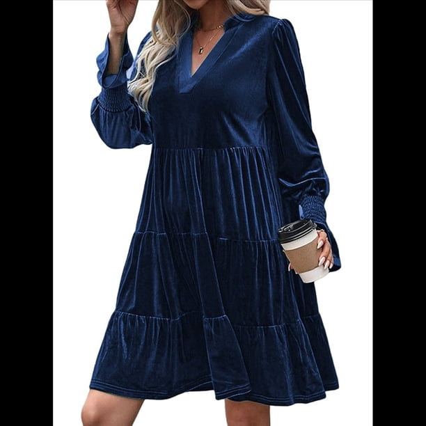 Vestido Babydoll Elegante de Terciopelo para Mujer, de Larga, Informal, con Escote en V, Corte A, Fluido, Formal, para Fiesta de Boda. Azul Marino XL