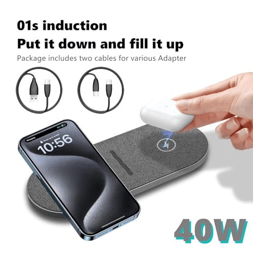 40W Wireless Charging Pad, Dual 20W Fast Wireless Charging Mat for iPhone 16 15 14 13 12 11/Pro/Pro Max/SE/X/XS,Apple Airpods 4/3/Pro,15W Wireless Charger Station for Samsung Galaxy/Note/Bud+