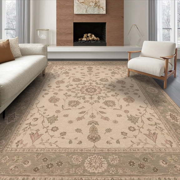 ODIKA 8'x10' Washable Area Rug Durable, Non-Slip Beige and Sage Floral Elegance Intricate Botanical with Classic Charm for Living Room, Under Sectional, Family