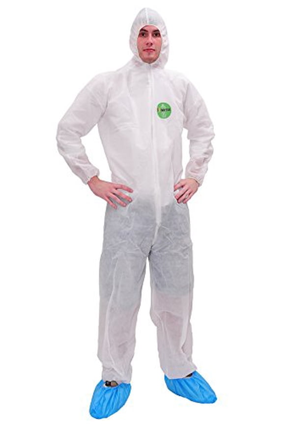 30003 Disposable Dust Protective Polypropylene PP Coverall with Hood Suit Lightweight Elastic Cuffs, Ankles, Waist Zipper Front for Spray Painting Industrial(Large,White)