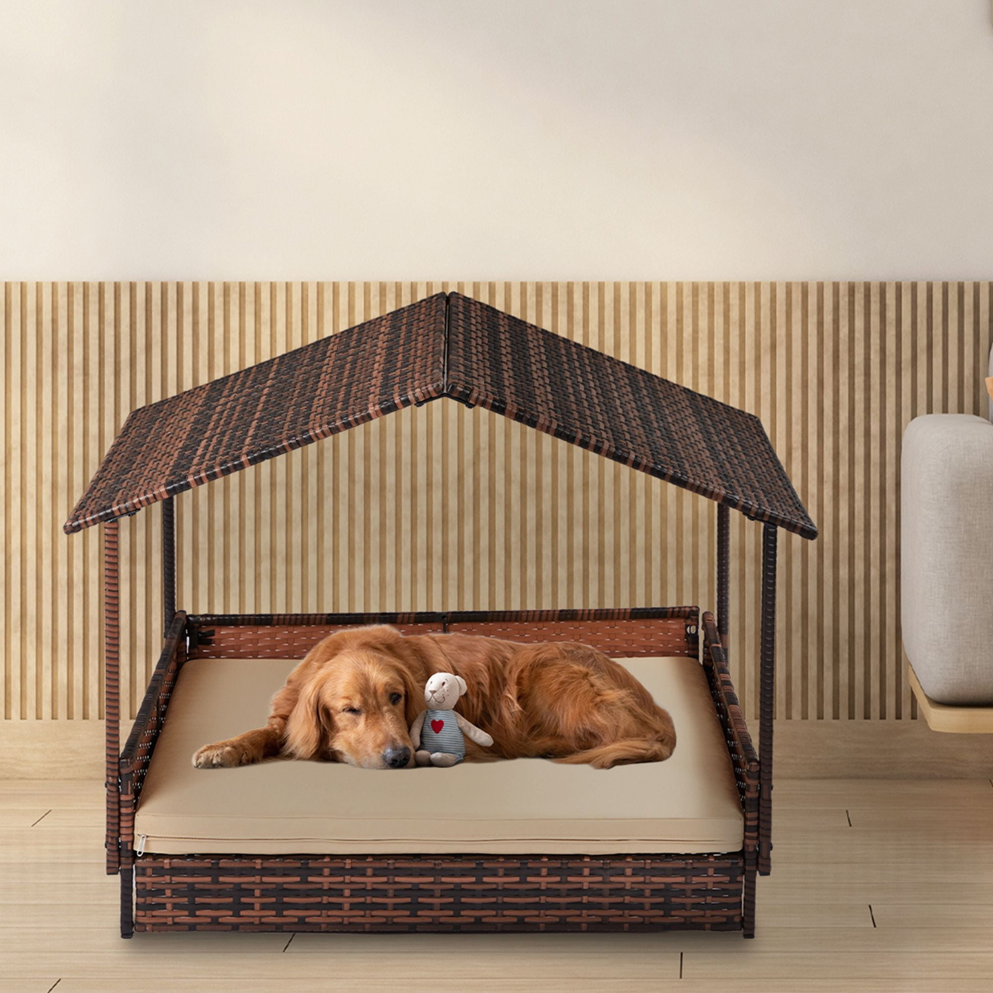 Kadyn 38" Outdoor Wicker Dog House with Canopy, Elevated Rattan Dog Bed for Medium Dogs, Indoor Dog Sofa with Washable Cushion Cover, Brown