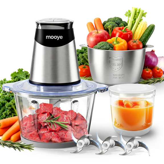Mooye 400W Food Processor & Electric Food Chopper, 3 Bowls 8-Cup 8-Cup 3-Cup, Meat Grinder, 2 Speeds, 3 Blade Sets, Stainless Steel & Glass