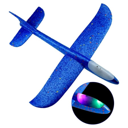 Flying Glider Planes With Flash LED Light 18.9" Foam Flight Mode Throwing Air Plane Aerobatic Airplane Outdoor Sport Game Toys Gift for Kids 3 4 5 6 7 Year Old Boy Blue