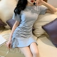 thumbnail image 2 of Women‘s Ruffled Drawstring Slim O Neck Dress Short Sleeve Solid Casual Lace Up Ruffles A-line Dresses Black XL, 2 of 7