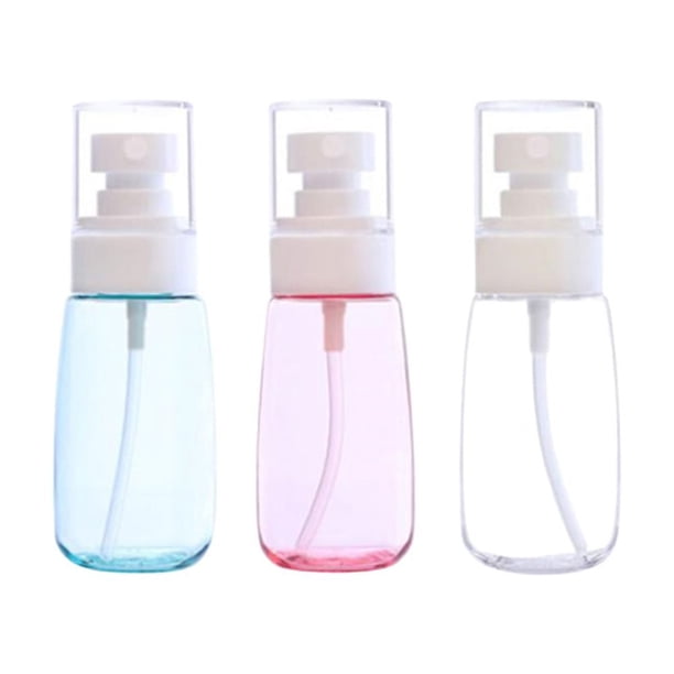 3 botellas de spray vacías de 100 ml con bomba a presión, envases portátiles para protección solar (transparentes, azules y rosas).