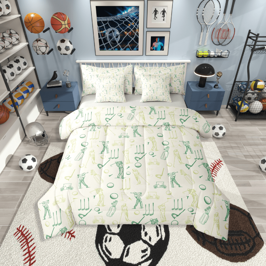 Castle Fairy Golf Game 7 Pieces Bedding Comforter Set Green Wheat Full Bedding Set Lightweight Sport Theme Fitted Sheet Flat Sheet Breathable Gaming Home Decor Reversible