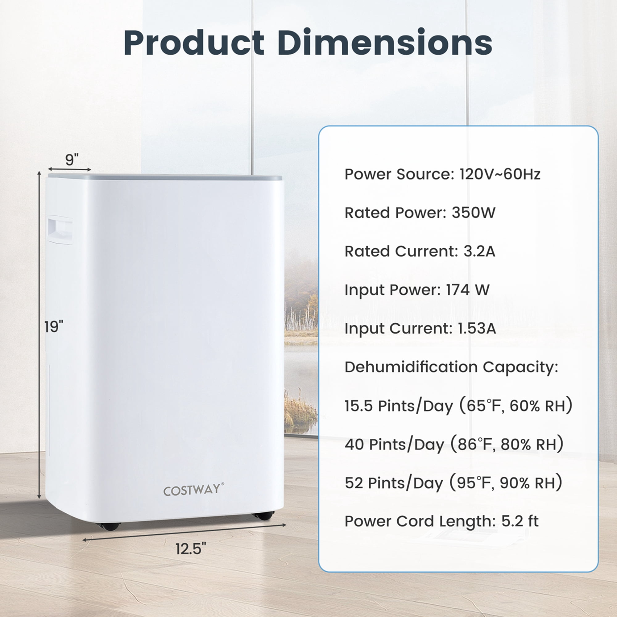 Costway 15.5 Pint(DOE) Dehumidifier for Basement 4500 Sq. Ft Portable Dehumidifier 24H Timer (MAX 52Pint at 95°F, 90%RH)