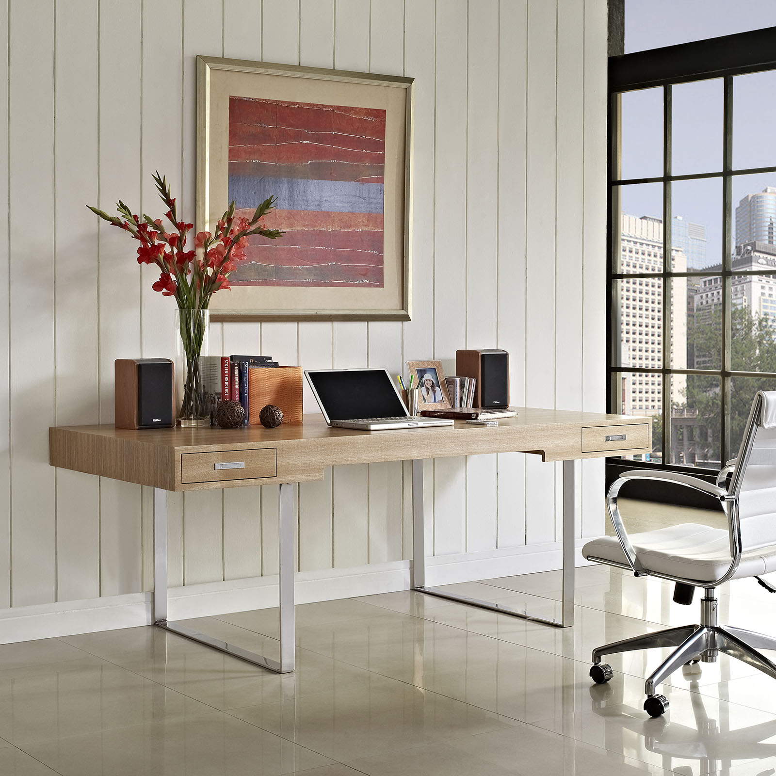 Modway Tinker Modern Stainless Steel & Wood Office Desk in Natural