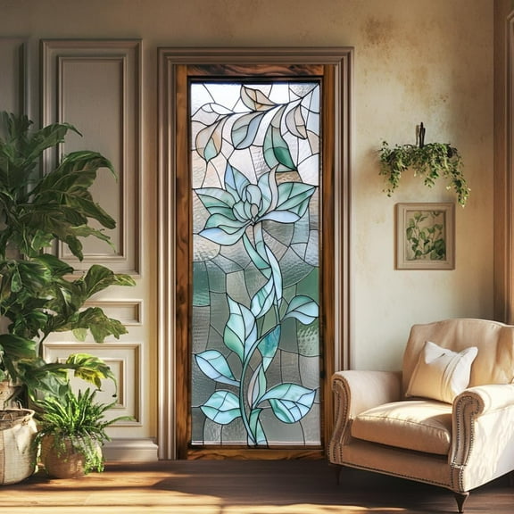 2 Pcs Self-Adhesive Door Stickers 31.5"x78.7" 3D Glass Pattern Door Murals Stickers Flowers PVC Removable Wallpaper Decoration for Bedrooms Living Room