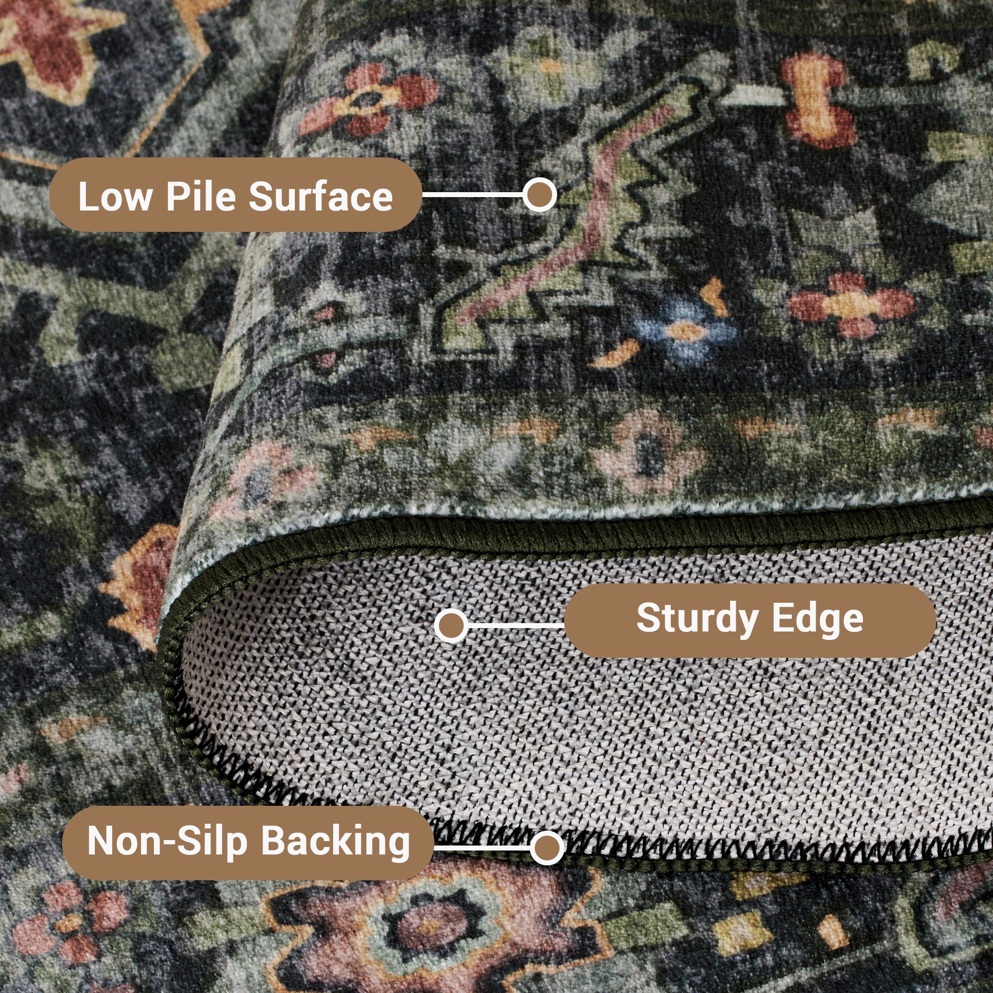 Kokia 9x12 Vintage Oriental Area Rug for living Room, Dark Green Low Pile Stain Resistant Non-Slip Washable Rug for Bedroom with Distressed Medallion Pattern