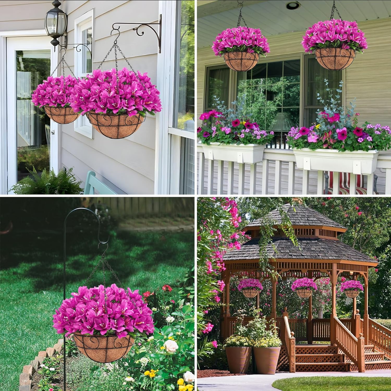 Outdoor Artificial Morning Glory Bush Patio Lawn Garden Hanging Basket with Chain Flowerpot
