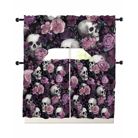 Halloween Skull Swag Kitchen Curtains Sets for Windows 24 Inch Length, Vintage Pink Rose Purple Flower Short Window Curtain Panels Swags Valances and Tiers 3 Piece Set for Cafe/Dining Room