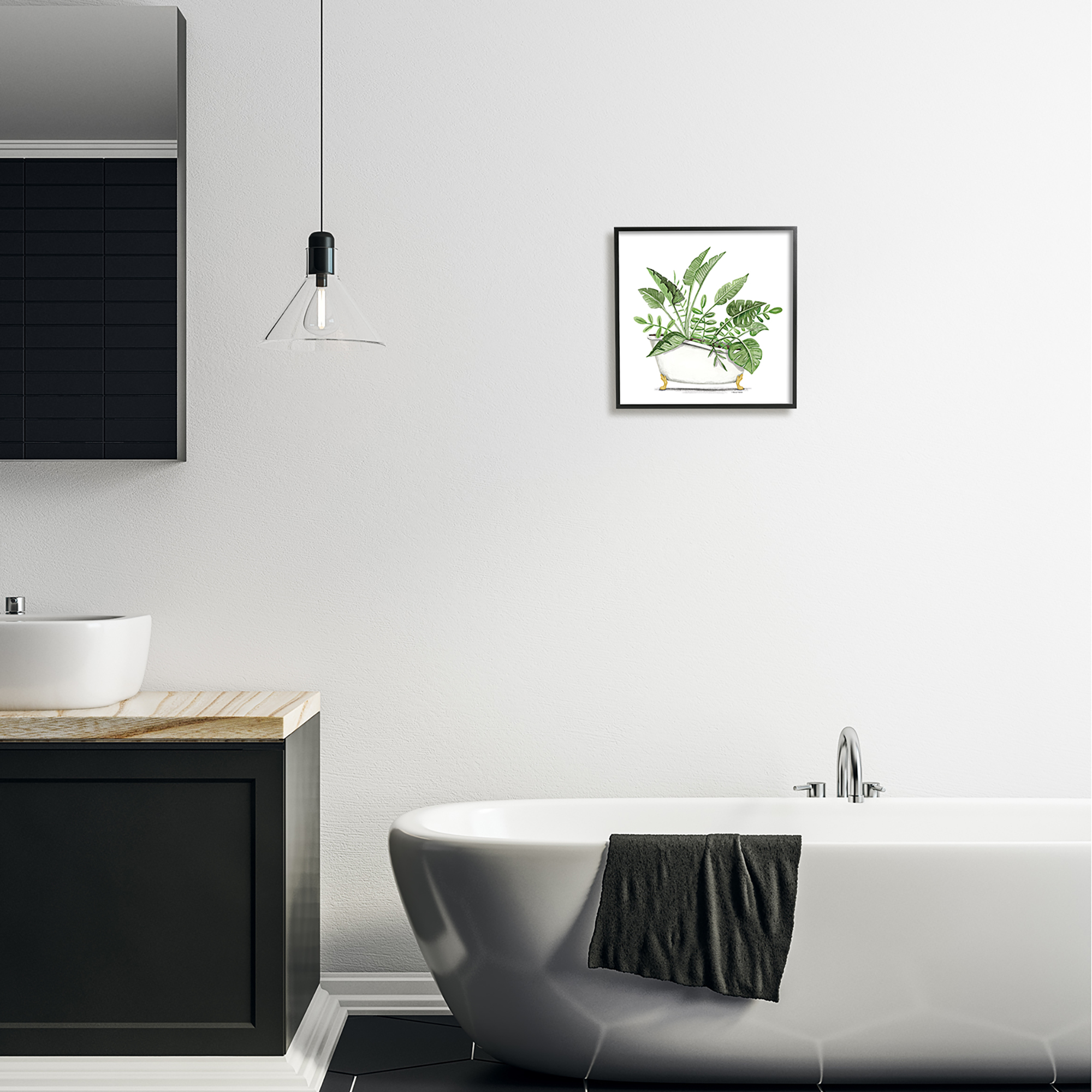 Stupell Tropical Monstera Plants Vintage Tub Typography Painting Black Framed Art Print Wall Art