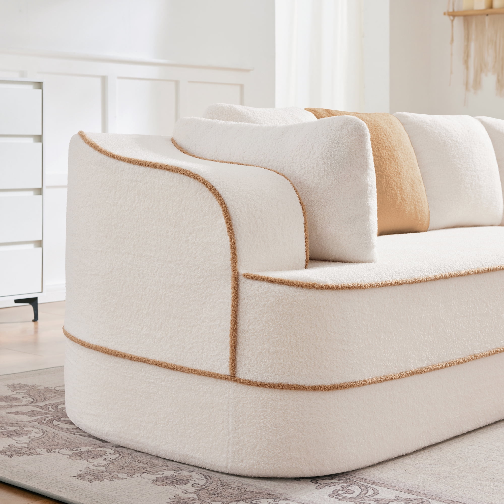 Aukfa 135" 4-Seater Modular Sofa for Living Room, 29" Deep Seat, Plush Teddy Velvet, White