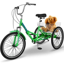 Lilypelle 24" Adult Tricycle Folding Tricycle 3 Wheel Bikes 7 Speed Trikes with Shopping Basket for Seniors Adult,Apple Green