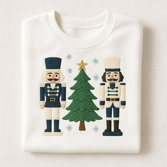 Blue Nutcracker Embroidered Sweatshirt, Winter Christmas Tree Toy Soldier Crewneck, Holiday Ballet Gift