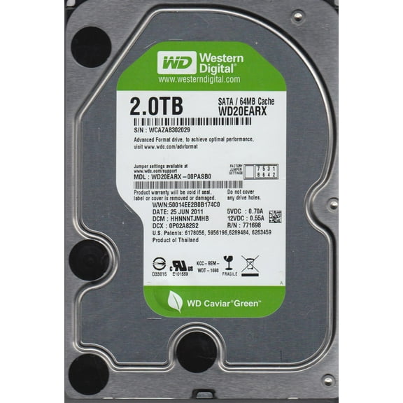 WD20EARX-00PASB0, DCM HHNNNTJMHB, Western Digital 2TB SATA 3.5 Hard Drive