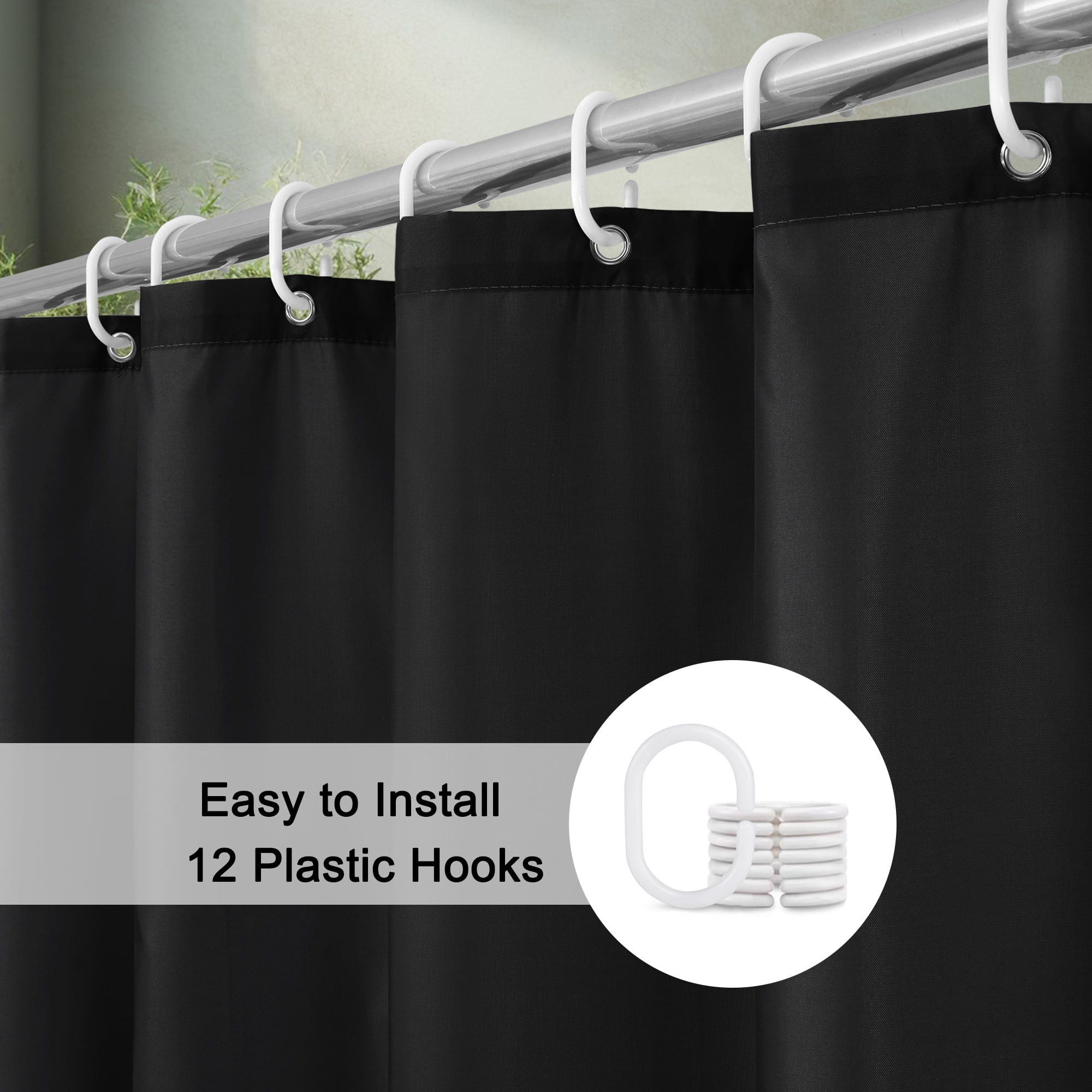 Inosoo Black Fabric Shower Curtain Liner, 72"x72" Waterproof Polyester Cloth Shower Liner with Hooks(图3)