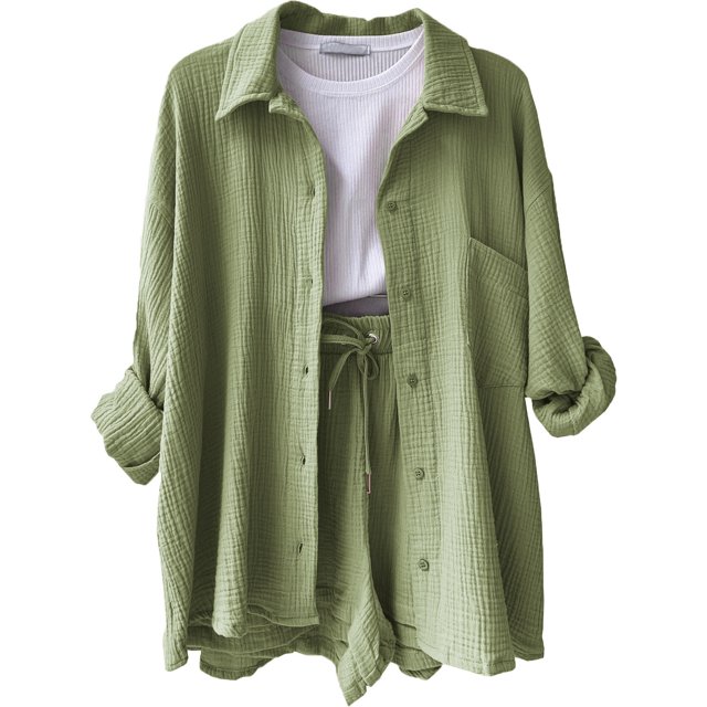 Women's Two-piece, Button-down Long-sleeved Shirt And Drawstring Shorts Suit, Pullover Suit, Holiday Suit-Youyoupin