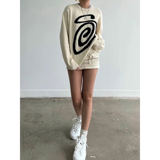 Chandail à Manches Longues Motif Spirale Moustique jacquard Lettre Col Rond pour Hommes et Femmes