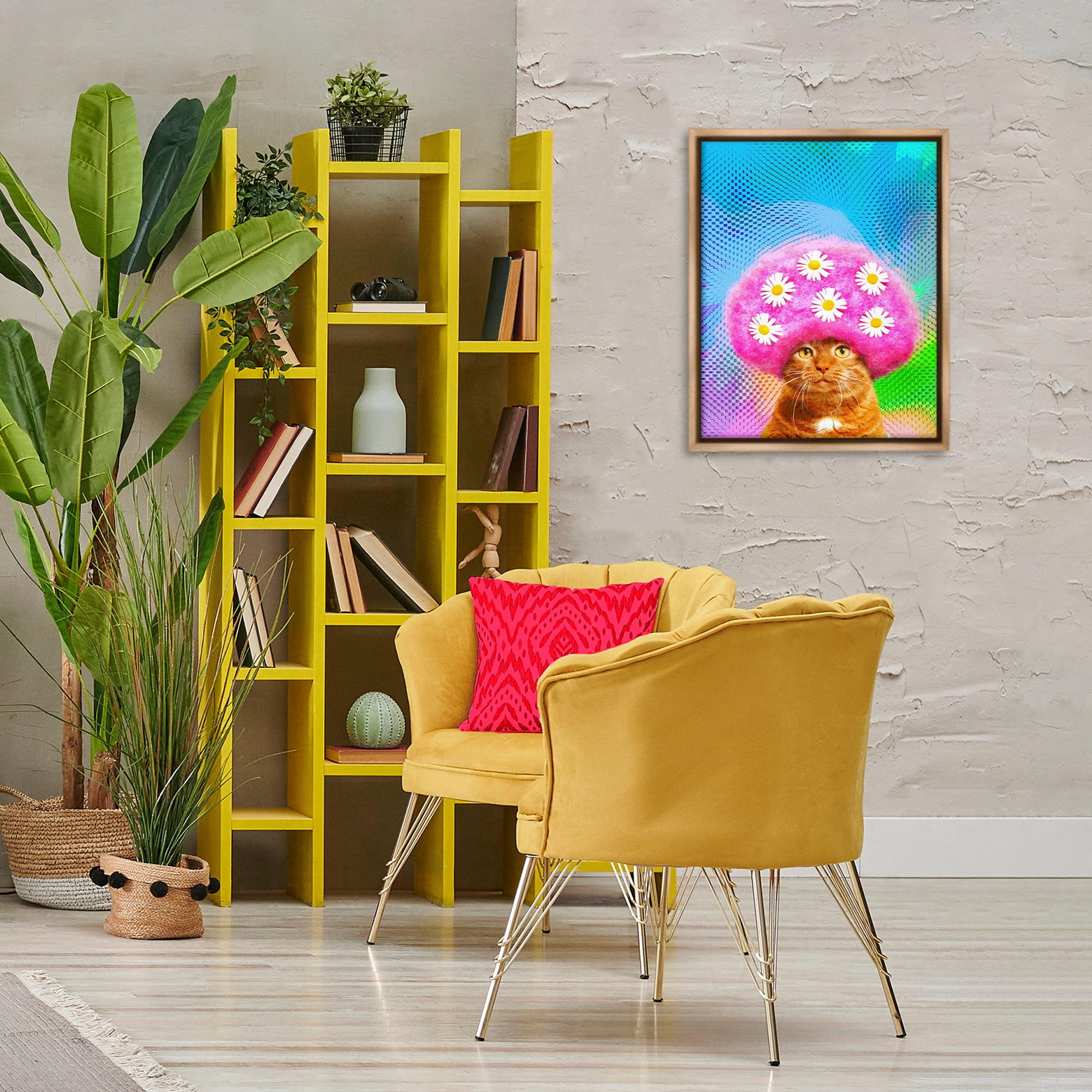 Stupell Industries Groovy Daisy Wig Cat Novelty & Humor Painting Brown Floater Framed Canvas Art Print Wall Art, 17 x 21