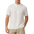 thumbnail image 3 of Men's Linen Shirt Summer Casual, Casual Button Down Shirt Breathable & Lightweight, Stand Collar Short Sleeve Solid Color Cotton Linen Blend, Quick Dry Relaxed Fit | Zenithor,White M, 3 of 6