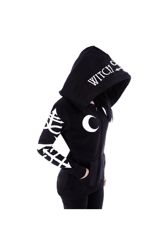 Women Coat Cardigan Loose Coat Black Print Women Punk Hooded Gothic Sleeve Jacket Long Women's Coat Womens Winter Coats Black