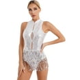 thumbnail image 6 of Doomiva Women's Shiny Sequins Tassel Latin Jazz Dance Leotard Bodysuit Sleeveless Backless Dance Dress White XL, 6 of 7