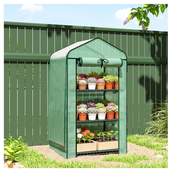 Mini Greenhouse, Portable Small Greenhouse with Roll-Up Door, 27.6" x 19.7" x 50", Green, 3-Tier Plant Shelves, UV Protection