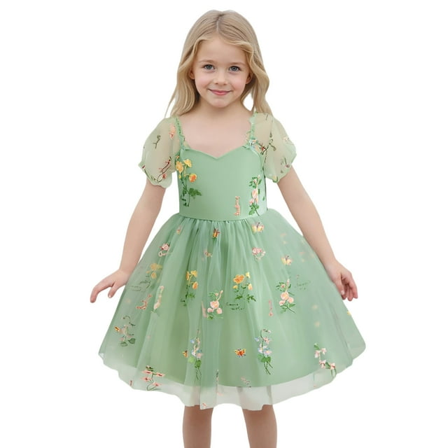 Liyamei Robe à Manches Courtes pour Filles Tout-Petits Imprimés Broderie Fleurs Robes de Danse Vêtements, 1-2 Ans