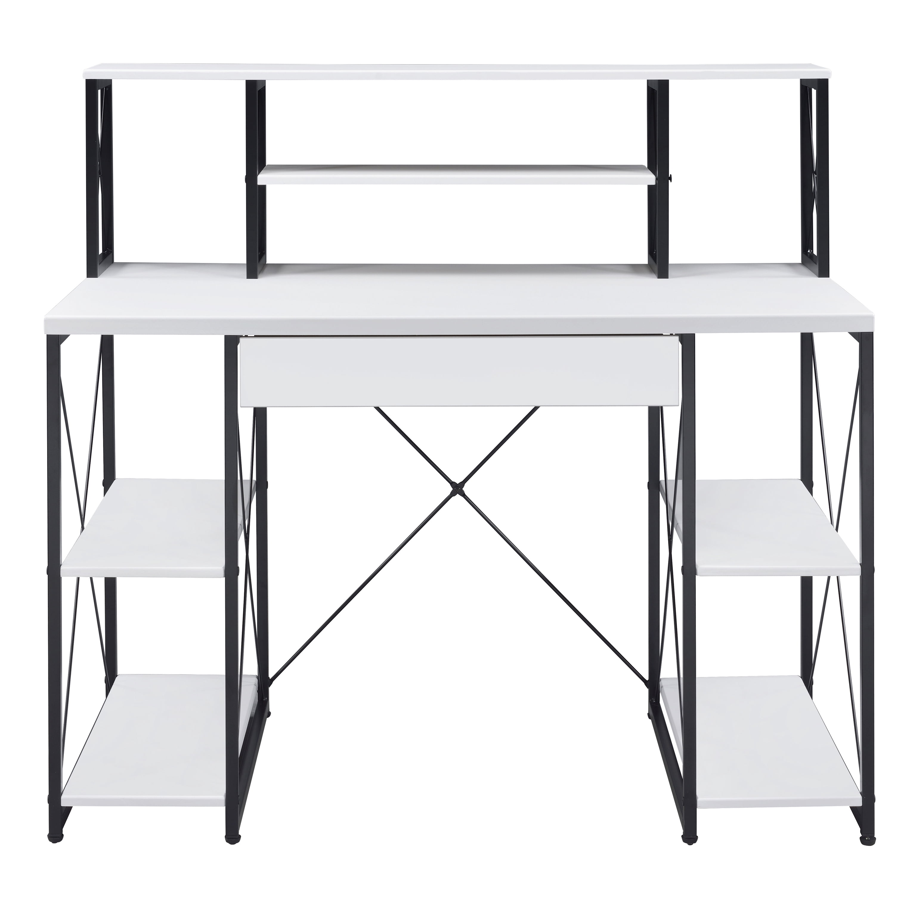 Astoutdoor White and Black Office Desk with Open Shelves and Hutch