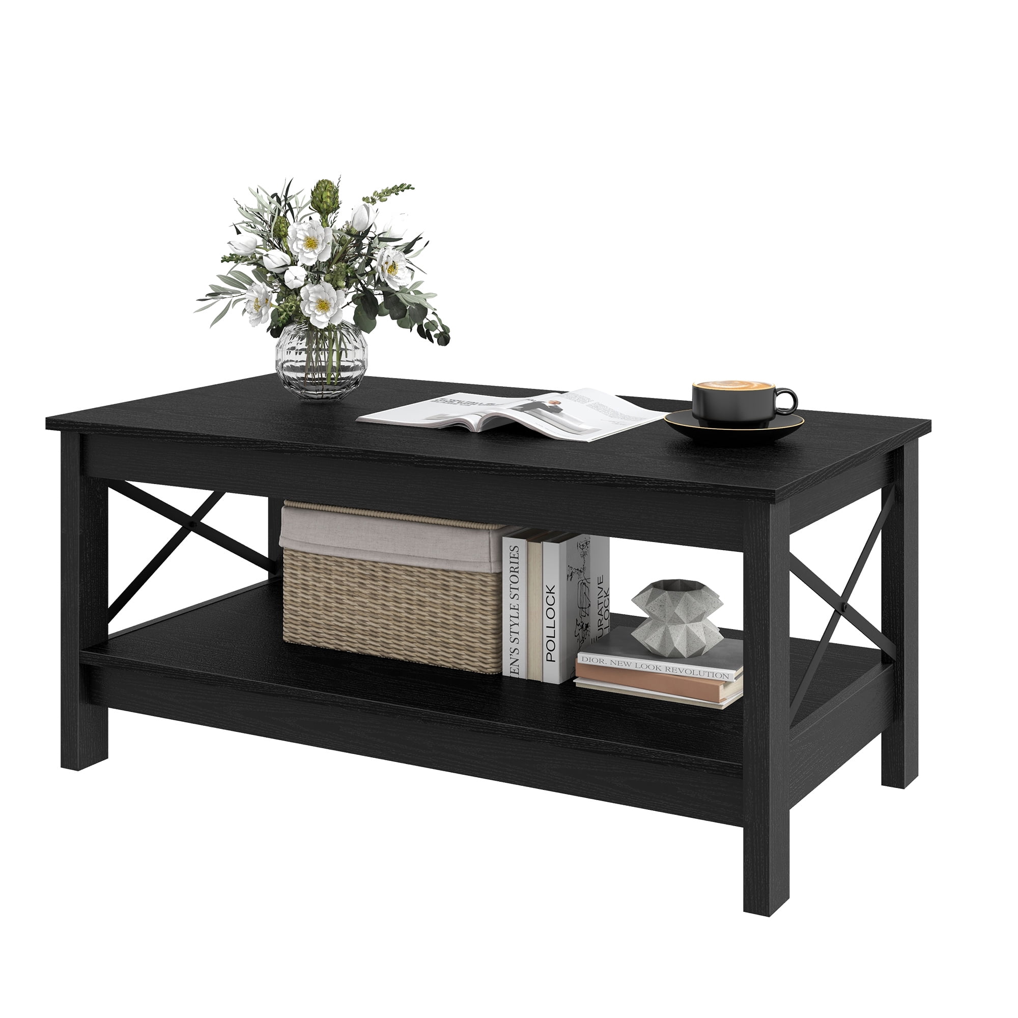 Dextrus Farmhouse Modern Coffee Table with Open Storage Shelf, Black